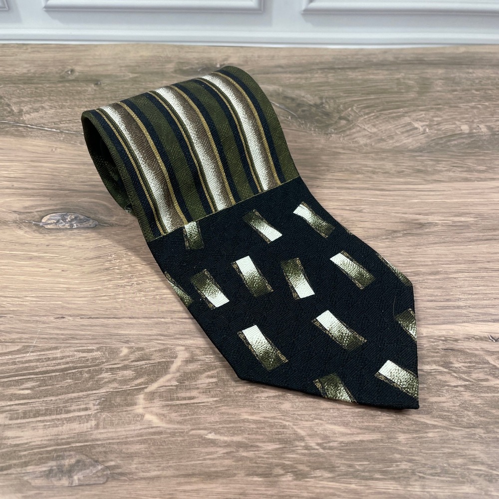 J Biades & Co Mens Necktie Green Black Striped Geometric Silk Hand Made USA